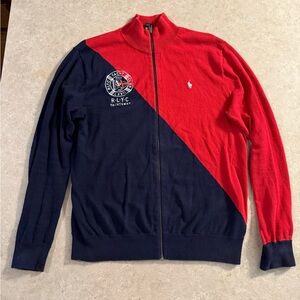 Ralph Lauren Red and Blue Zip-Up Sweater with Embroidery